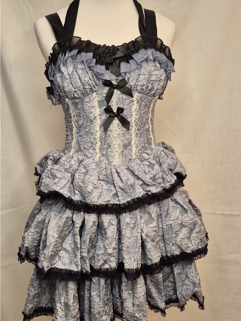 2055 - Blue Lace Ruffle Lolita Dress with Black Trim